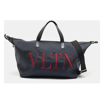 Valentino Dark Blue Leather and Nylon VLTN Travel Tote