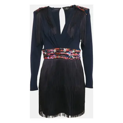 Elisabetta Franchi Navy Blue Sequin Embellishment Jersey Fringed Mini Dress