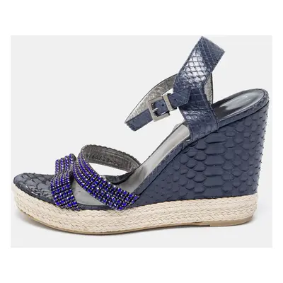 Gina Navy Blue Python Leather Crystal Embellished Wedge Platform Ankle-Strap Sandals Size 40.5