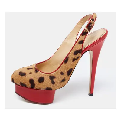 Charlotte Olympia Red/Brown Leopard Calf Hair And Leather Dolly Slingback Pumps Size 36.5