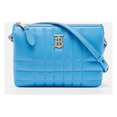 Burberry Sky Blue Quilted Check Leather Lola Double Pouch Crossbody Bag