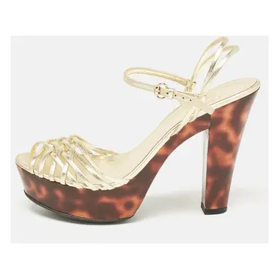 Gucci Gold Leather Platform Ankle Strap Sandals Size