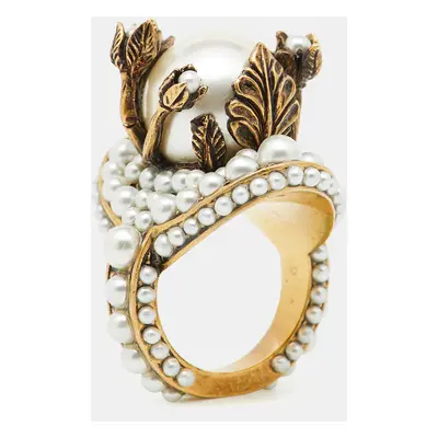 Gucci Faux Pearl Flower Gold Tone Ring Size