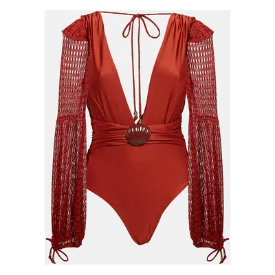 PATBO Brick Red Knit Netted Sleeve Detail Swimsuit