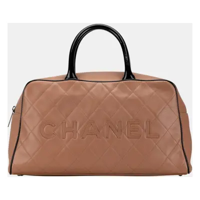 Chanel Pink Beige Black Caviar Skin Patent Leather Matelasse Boston Bag