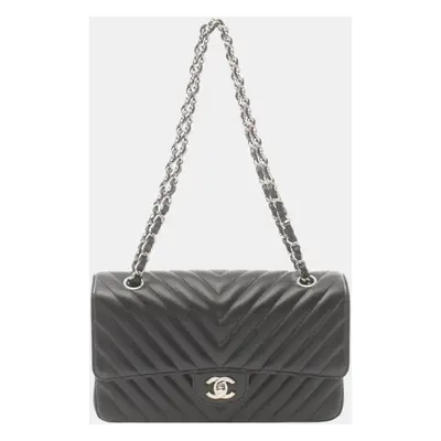 Chanel Leather Grained Calfskin Black Chevron V-Stitch W-Flap Shoulder Bag