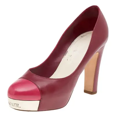 Chanel Red/Pink Leather CC Cap Toe Block Heel Platform Pumps Size 35.5