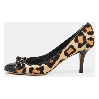 Dior Black/Beige Leopard Print Calf Hair and Patent Bow Pumps Size