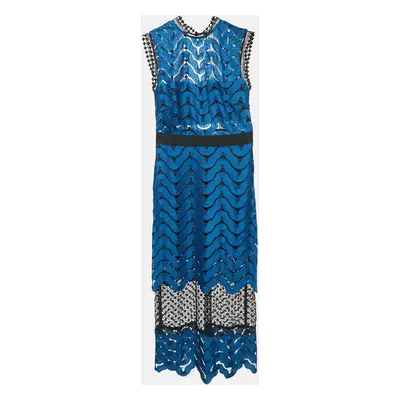 Self-Portrait Blue/Black Guipure Lace Paneled Midi Dress