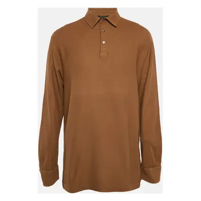 Loro Piana Brown Pique Cotton Long Sleeve Polo T-Shirt