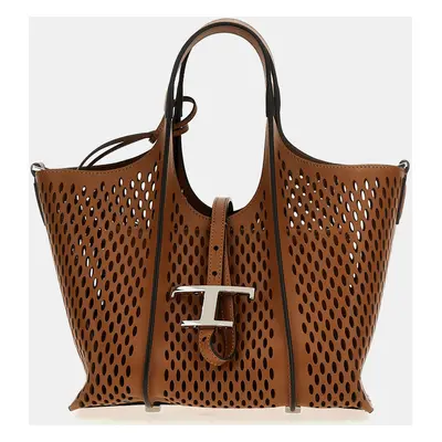 Tods Brown Calfskin Leather Mini T Timless Shopping Bag