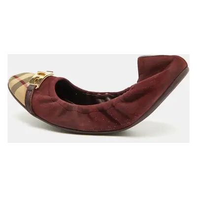 Burberry Burgundy Suede and Nova Check Canvas Drayton Twistlock Scrunch Ballet Flats Size 39.5