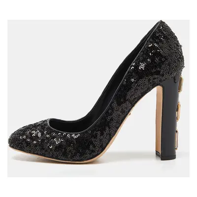 Dolce & Gabbana Black Sequins and Leather Block Heel Pumps Size 37.5