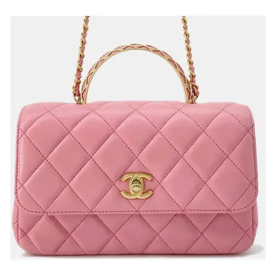 Chanel Pink Lambskin Matelasse Lambskin Top Handle Bag