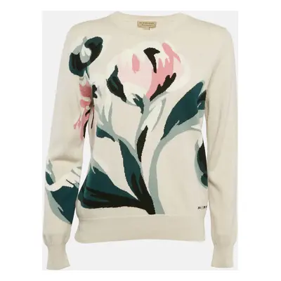 Burberry Grey Floral Intarsia Merino Wool Crew Neck Sweater