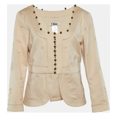 Chloe Beige Cotton Embroidered Button Front Top