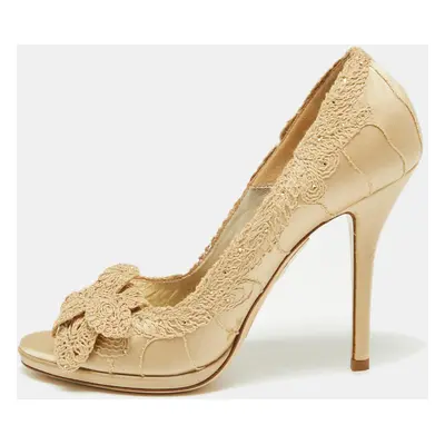 Loriblu Beige Satin And Lace Embroidered Peep Toe Pumps Size