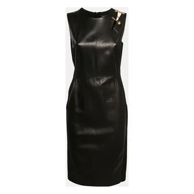 Versace Black Leather and Jersey Sleeveless Brooch Detail Bodycon Dress