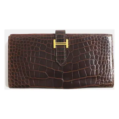 Hermes Bearn Souffle Crocodile Leather Wallet Brown Leather