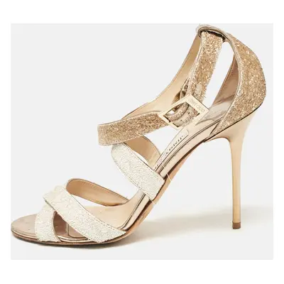 Jimmy Choo White/Brown Coarse Glitter Lottie Sandals Size 39.5