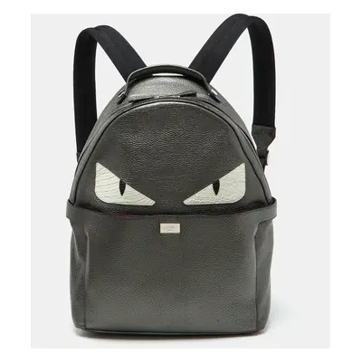 Fendi Metallic Grey Leather Monster Eyes Rounded Backpack