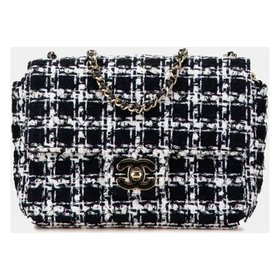 Chanel Navy White Tweed Leather Matelasse Coco Mark Chain Shoulder Bag