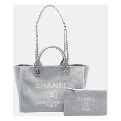 Chanel Canvas Leather Blue Deauville Small Tote Bag