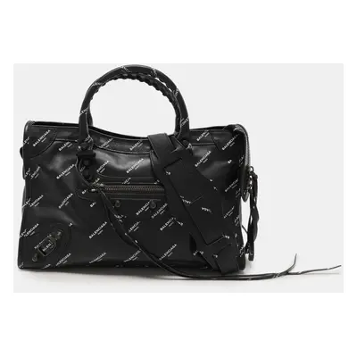 Balenciaga Black Leather All Over Logo Print Classic Small City RH Tote