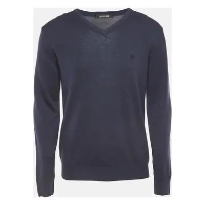 Roberto Cavalli Navy Blue Wool Knit V-Neck Sweatshirt