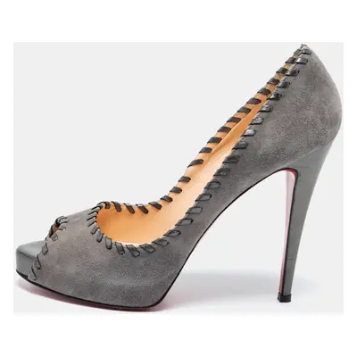 Christian Louboutin Grey Suede Whipstitch Very Prive Peep-Toe Pumps Size