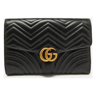 Gucci Black Chevron Leather GG Marmont Flap Clutch