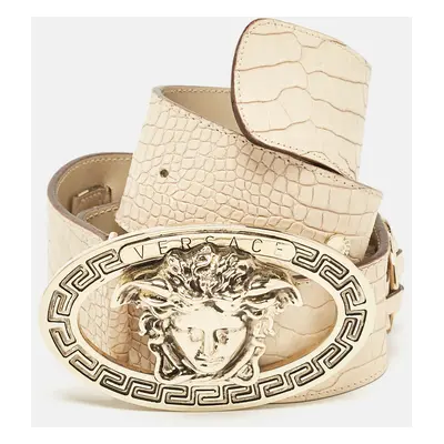 Versace Beige Croc Embossed Leather Medusa Chain Waist Belt 80CM