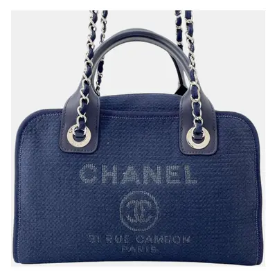 Chanel Navy Canvas Leather Deauville Chain Bag