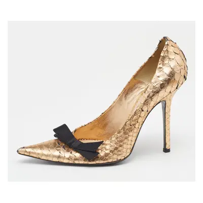 Chloe Metallic Gold Python Leather Bow Detail Pointed Toe Pumps Size 38.5