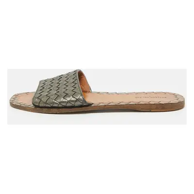 Bottega Veneta Metallic Grey Intrecciato Leather Flat Slides Size