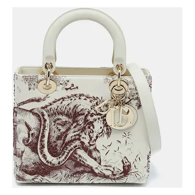 Dior Off White Leather Embroidered Beads Lady Dior Tote