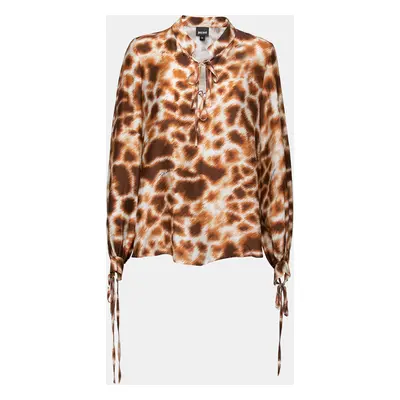 Roberto Cavalli Brown Printed Crepe De Chine Tie Detail Blouse