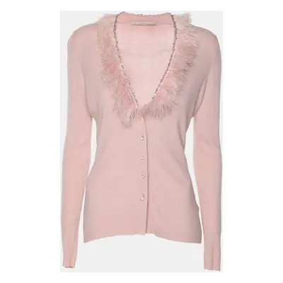 Class by Roberto Cavalli Pink Stretch Knit and Feather Long Sleeve Cardigan