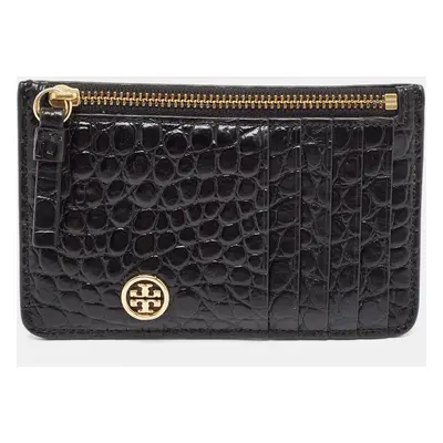 Tory Burch Black Croc Embossed Leather Walker Zip Card Holder