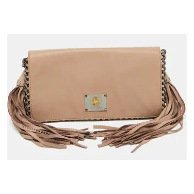 Roberto Cavalli Beige Leather Tassel Chain Link Clutch