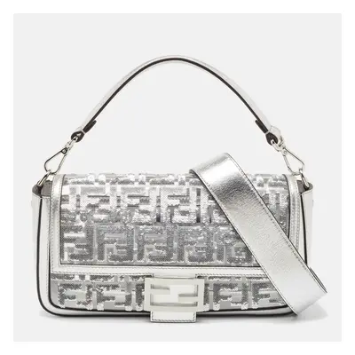 Fendi Silver Zucca Leather, PVC and Sequins Baguette Bag