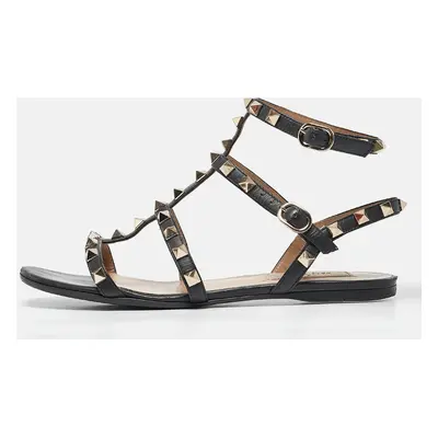 Valentino Black Leather Rockstud Flat Sandals Size