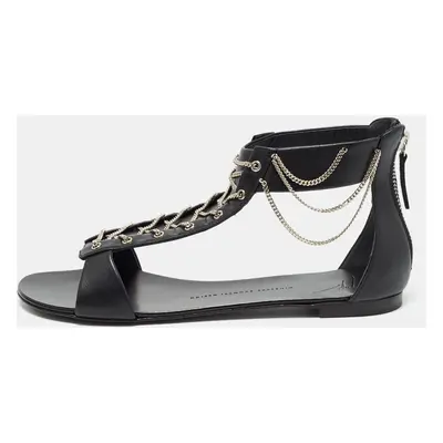 Giuseppe Zanotti Black Leather Roll Chain Flat Sandals Size