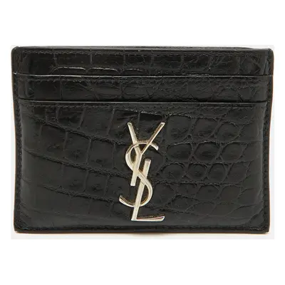 Saint Laurent Black Croc Embossed Leather Monogram Card Holder