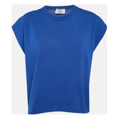 Prada Blue Logo Embossed Cotton Blend Knit Sleeveless Crop Top