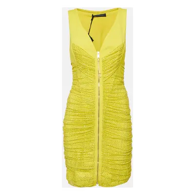 Versace Yellow Embellished Tulle and Jersey Ruche Mini Dress