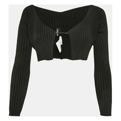 Jacquemus Black Rib Knit Logo Detail Cropped Cardigan