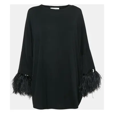 Valentino Black Cotton Feather Trimmed Tunic Top