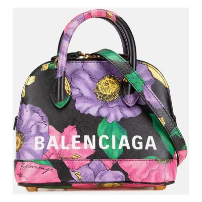 Balenciaga Black Leather Smooth Calfskin Lush Floral Print Ville Top Handle Bag