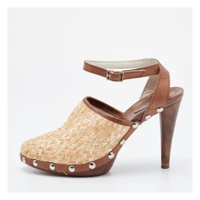 D&G Beige/Brown Raffia and Leather Ankle Strap Clog Sandals Size